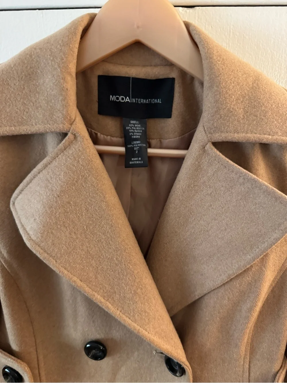 MODA International Wool-Blend Double-Breasted Camel Coat Size 2